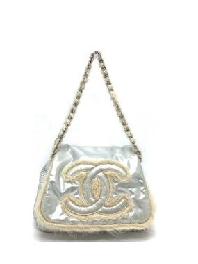 CHANEL Silver & Cream Quilted CC Appliqué Shoulder Bag